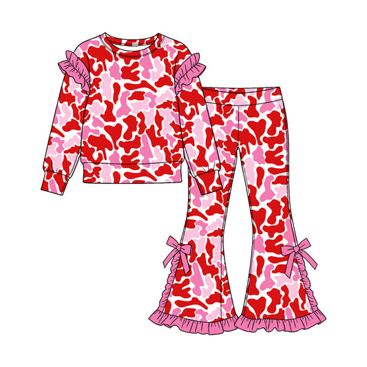 9.12 GLP3876 Preorder Red Pink Camo Print Ruffle Top Bell Pants Girls Valentine's Day Clothes Set