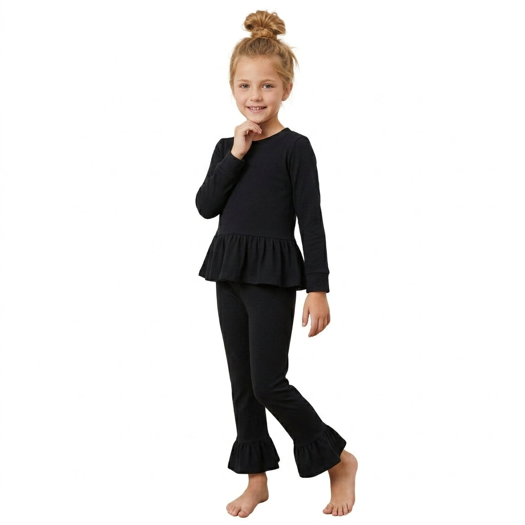 GLP3885 Black Cotton Long Sleeve Top with Ruffle Pants Girls Clothes Set