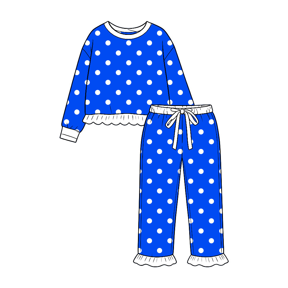 9.16 GLP3904 Preorder White Dots Blue Print Girls Ruffle Clothes Set