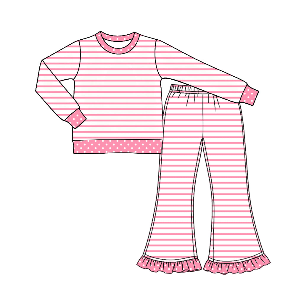 9.23 Preorder GLP3934 Pink Stripes Dots Print Long Sleeve Top Bell Pants Girls Ruffle Clothes Set