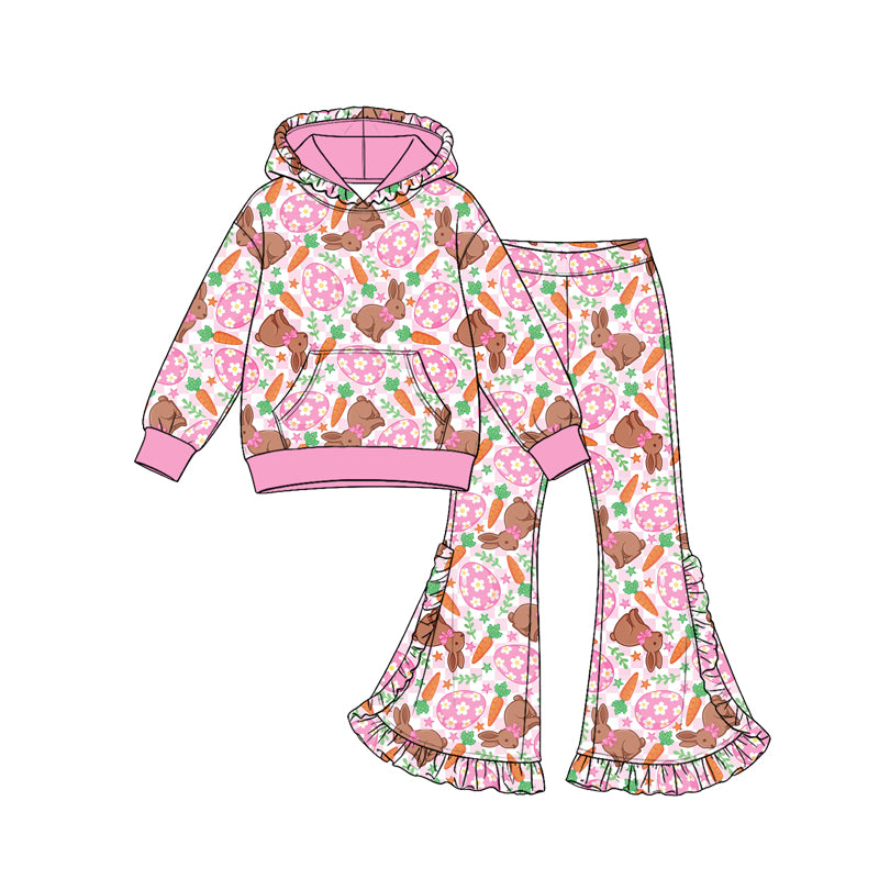 9.25 GLP3940 Preorder Bunny Eggs Carrot Checkered Hoodie Top Bell Pants Girls Easter Ruffle Clothes Set
