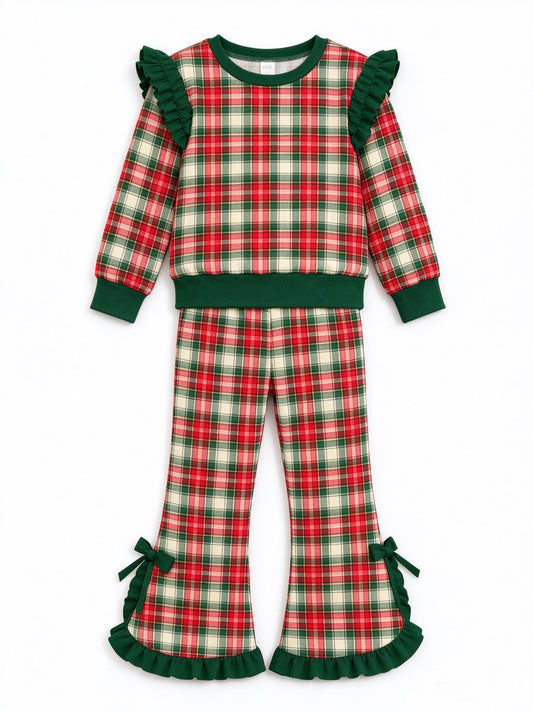 9.25 GLP3941 Preorder Red Green Checkered Print Long Sleeve Top Bell Pants Girls Christmas Ruffle Clothes Set