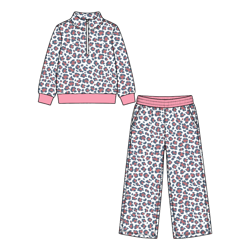 9.28 GLP3945 Preorder Red Leopard Zipper Pullover Top Pockets Straight Pants Girls Clothes Set