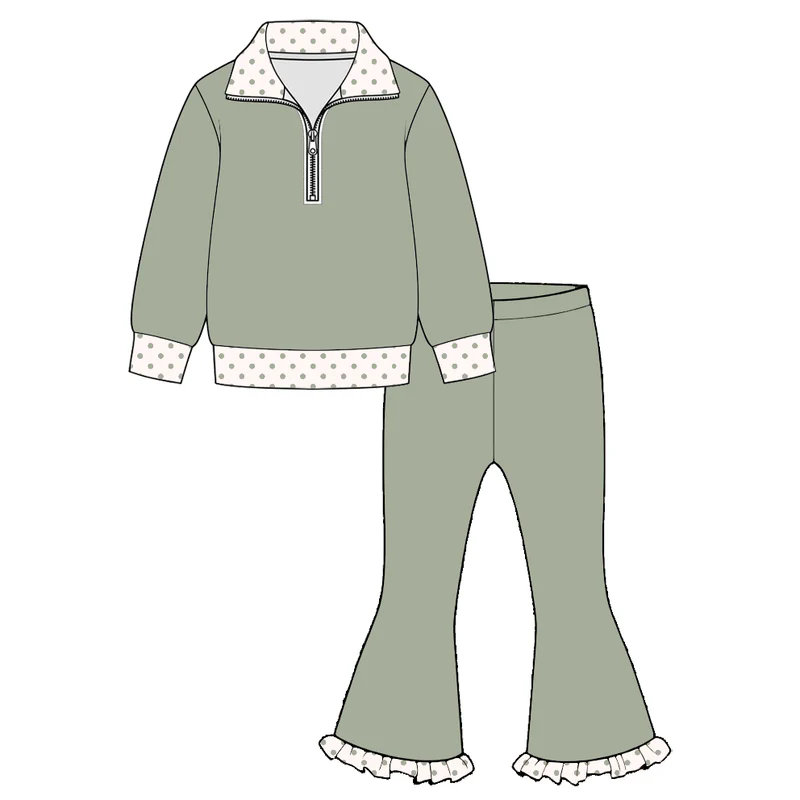 10.1 Preorder GLP3962 Baby Girls Green Pullover Top Bell Bottom Pants Outfit