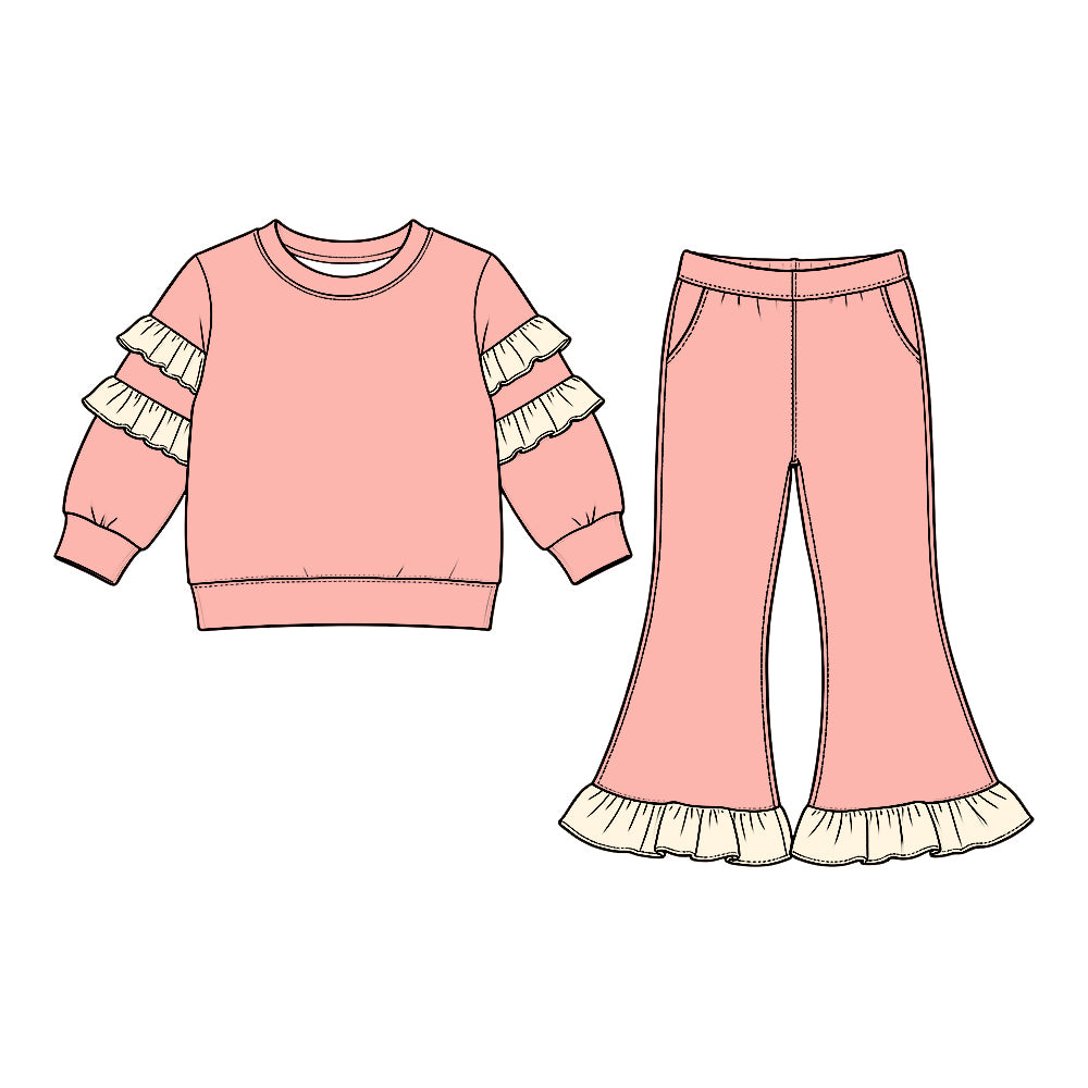 10.6 GLP3980 Pink Cotton Ruffle Top Pockets Bell Pants Girls Clothes Set