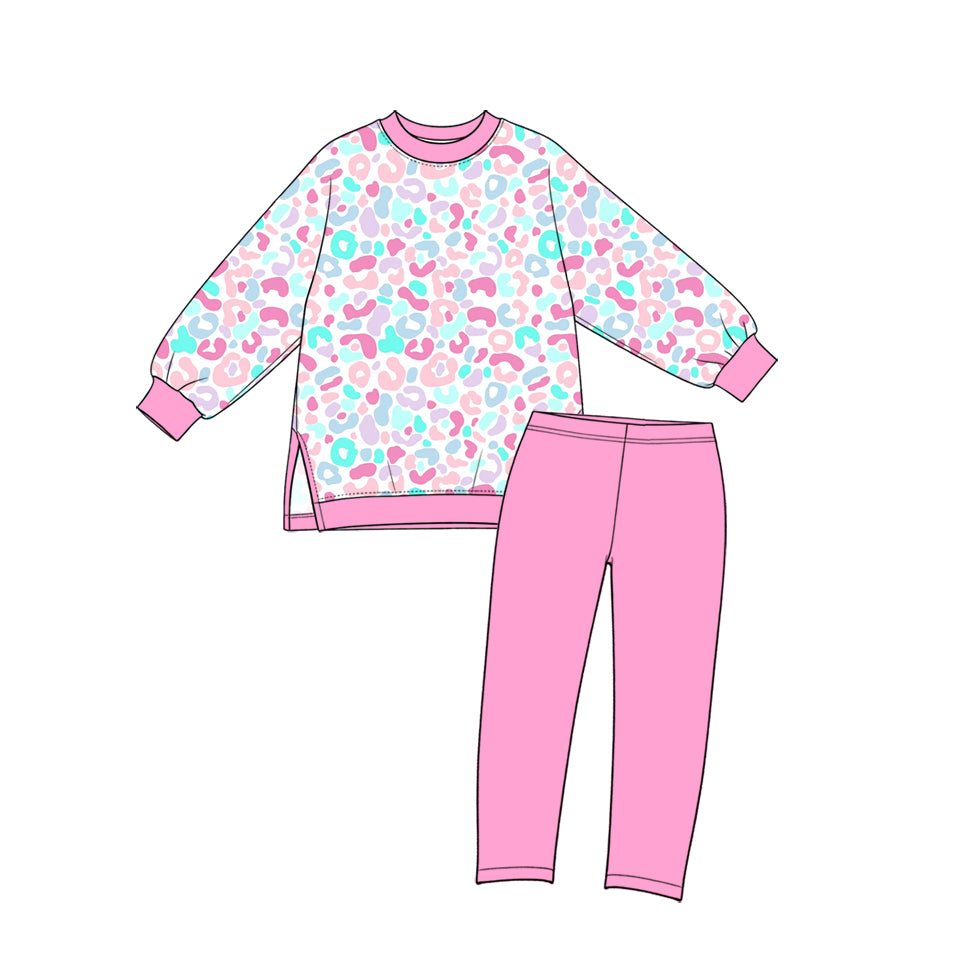 GLP4005 Preorder Kids Girls Blue Pink Leoaprd Long Sleeve Top Leggings Pants Active Outfit