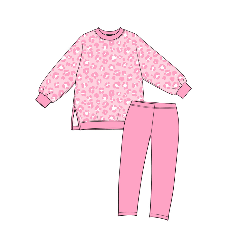 GLP4007 Preorder Kids Girls Pink Leoaprd Long Sleeve Top Leggings Pants Active Outfit