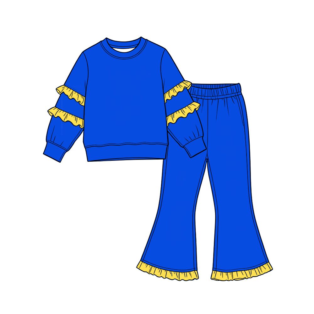10.14 GLP4008 Preorder Kids Girls Royal Cotton Top Pants Outfit with Yellow Ruffle