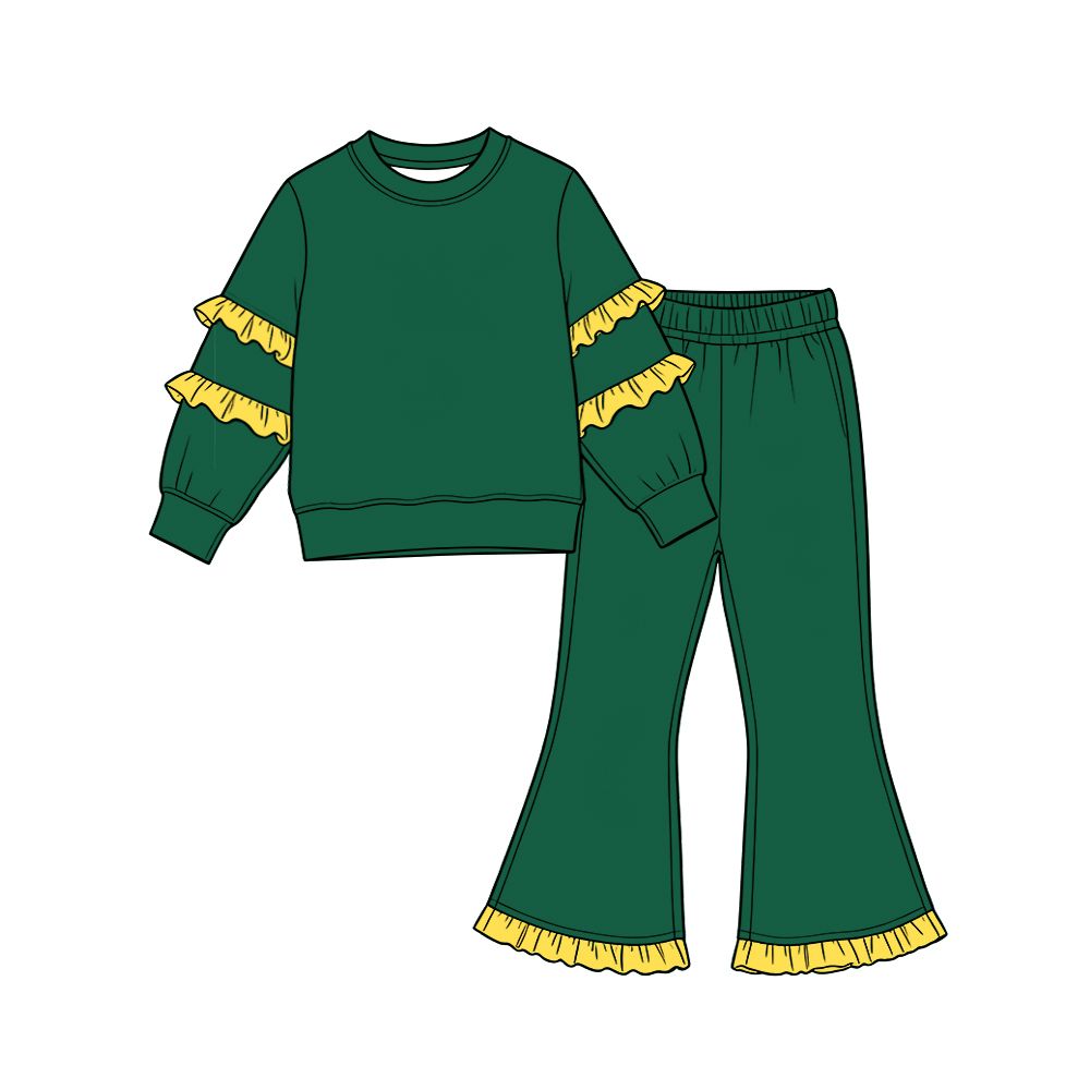 10.14 GLP4010 Preorder Kids Girls Green Cotton Top Pants Outfit with Yellow Ruffle