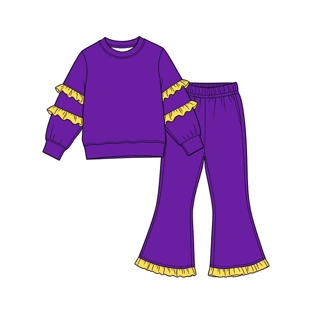 10.14 GLP4013 Preorder Kids Girls Purple Cotton Top Pants Outfit with Yellow Ruffle