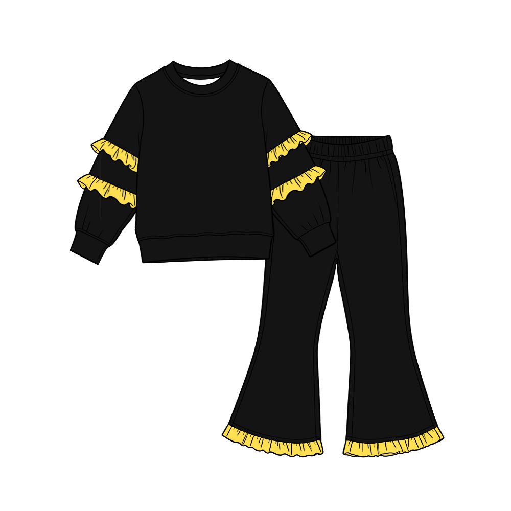 10.14 GLP4014 Preorder Kids Girls Black Cotton Top Pants Outfit with Yellow Ruffle