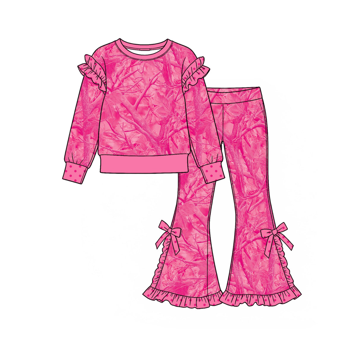 10.19 GLP4026 Preorder Hot Pink Branch Camo Print Bell Pants Girls Ruffle Clothes Set