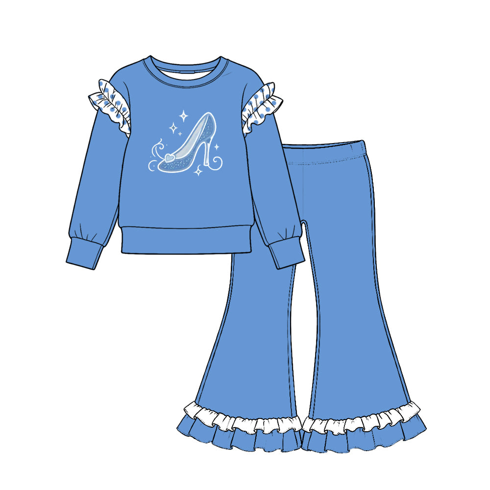 10.22 GLP4061 Glass Slipper Print Blue Top Bell Pants Girls Cartoon Princess Clothes Set
