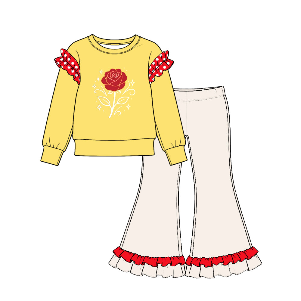 10.22 GLP4066 Rose Print Yellow Top Cream Bell Pants Girls Cartoon Princess Clothes Set