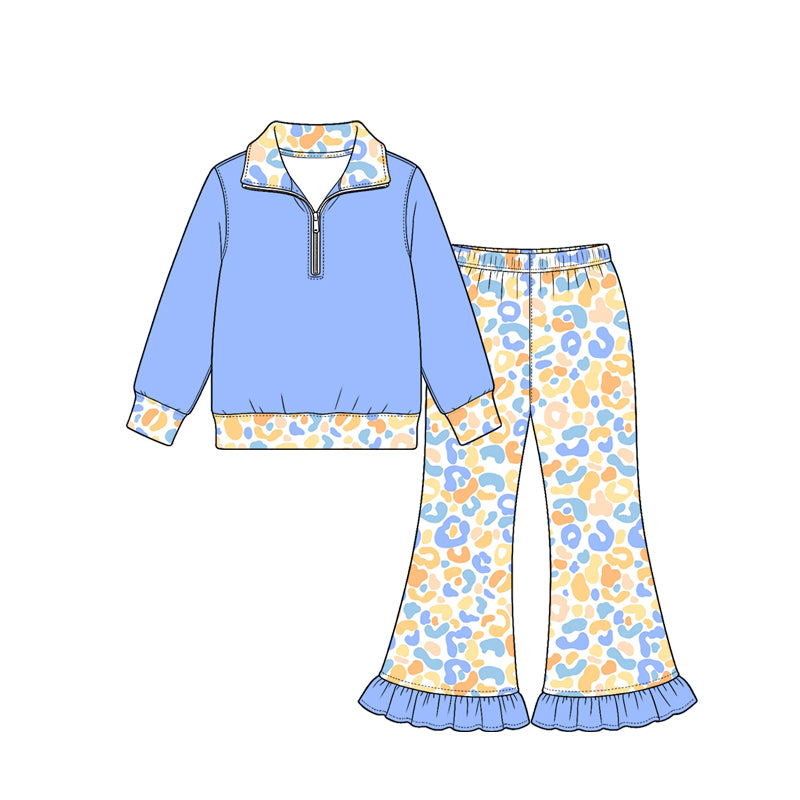 10.26 GLP4068 Preorder Kids Girls Blue Pullover Floral Flare Pants Outfit