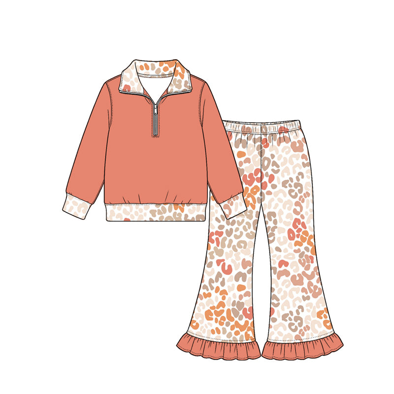 10.26 GLP4071 Preorder Kids Girls Orange Pullover Leopard Flare Pants Outfit