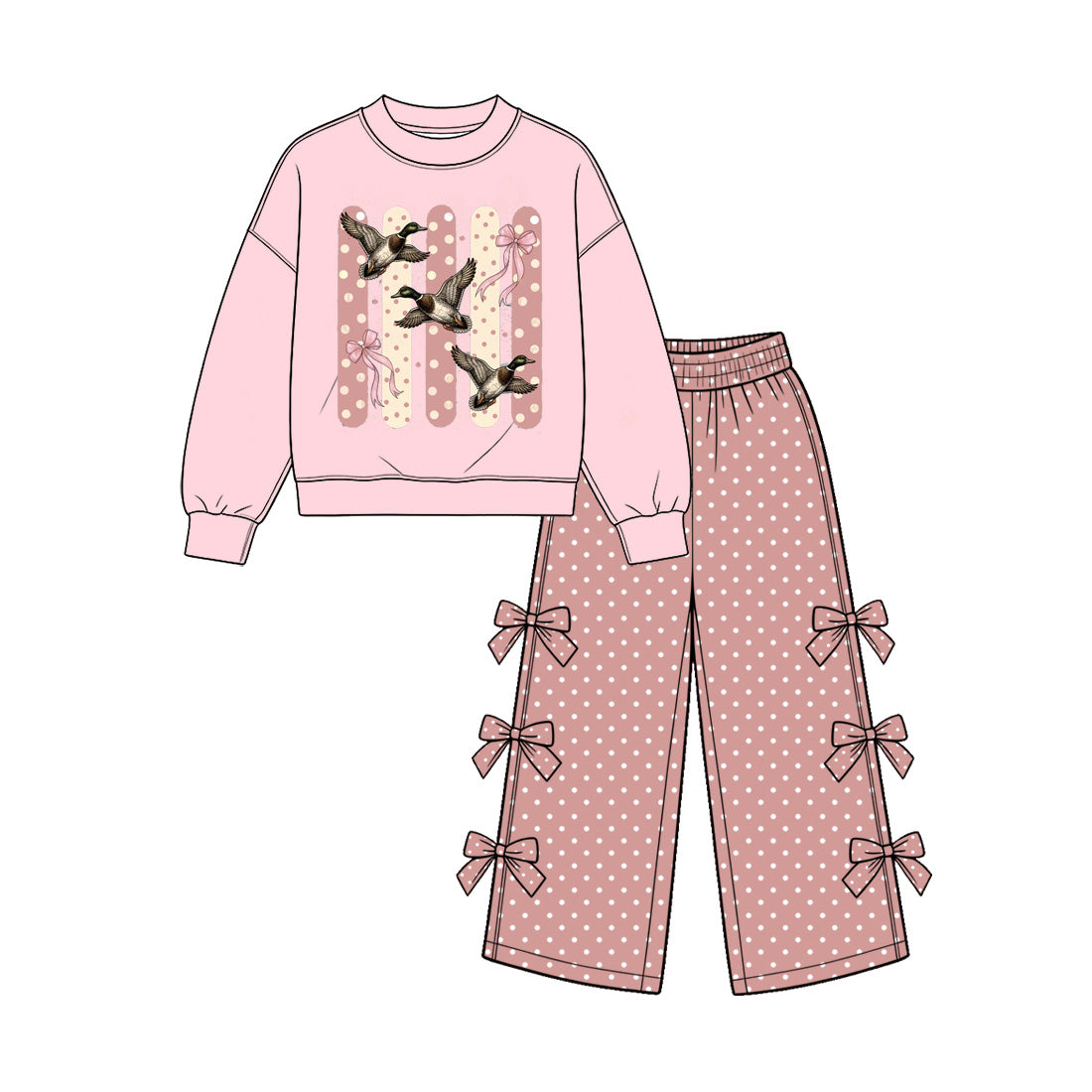 10.29 GLP4088 Preorder Duck Pink Top Dots Bows Pants Girls Clothes Set