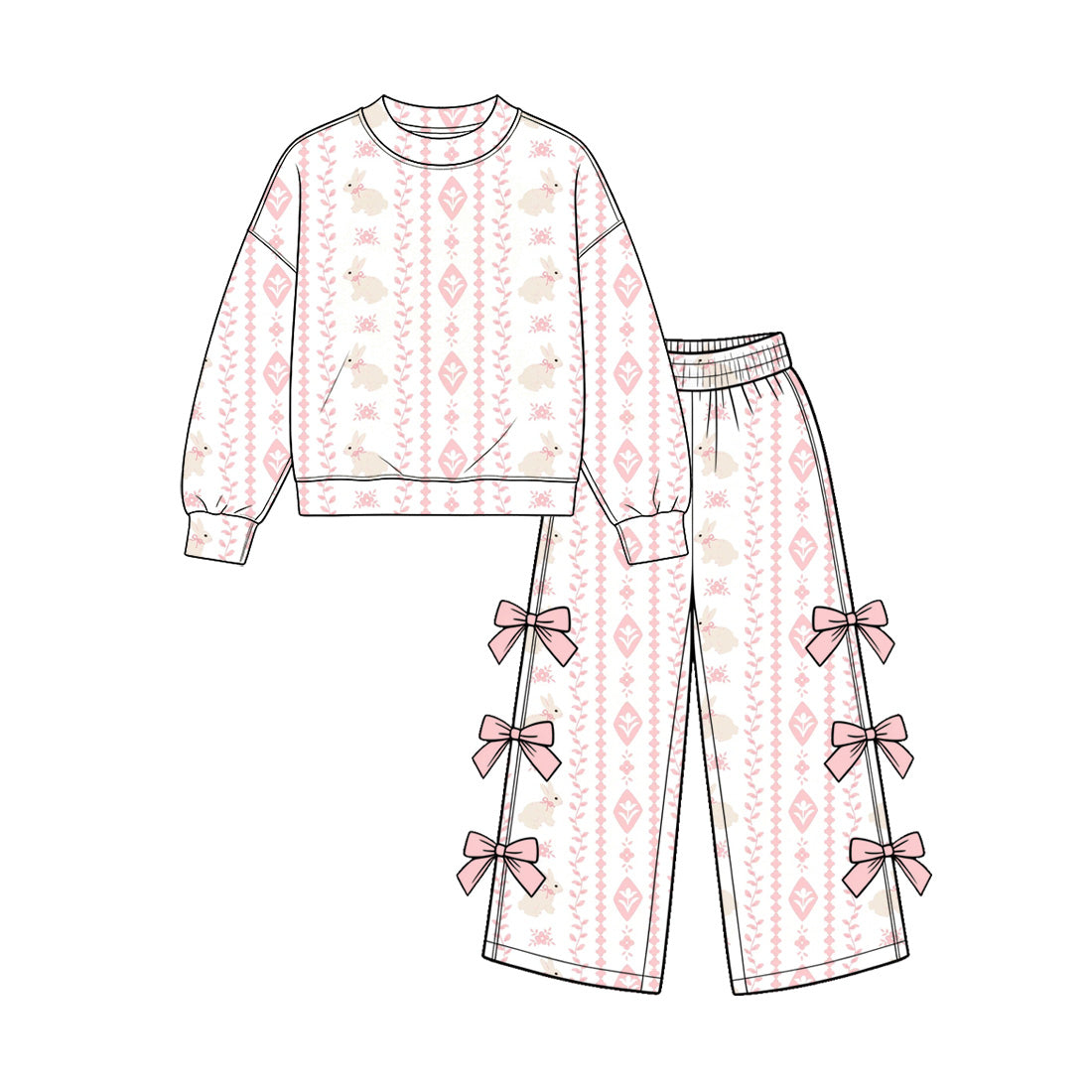 10.29 GLP4089 Preorder Pink Flowers Bunny Print Bows Pants Girls Easter Clothes Set