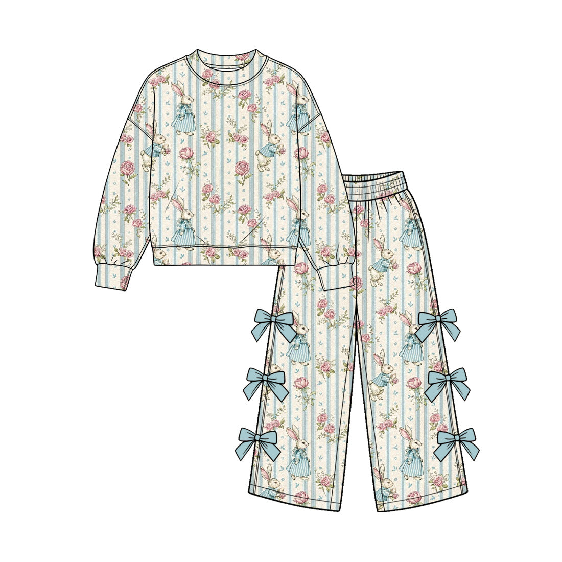 10.29 GLP4090 Preorder Flowers Bunny Stripes Print Bows Pants Girls Easter Clothes Set