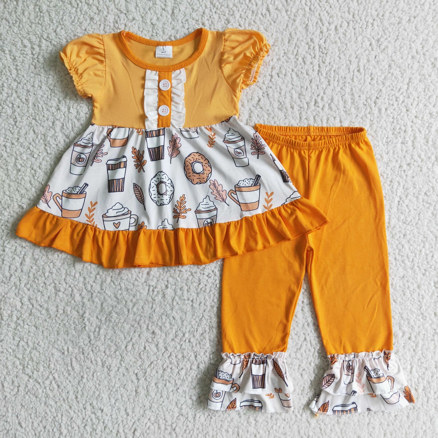 GSPO0123 Donut Coffee Pumpkin Tunic Top Orange Pants Girls Fall Clothes Set
