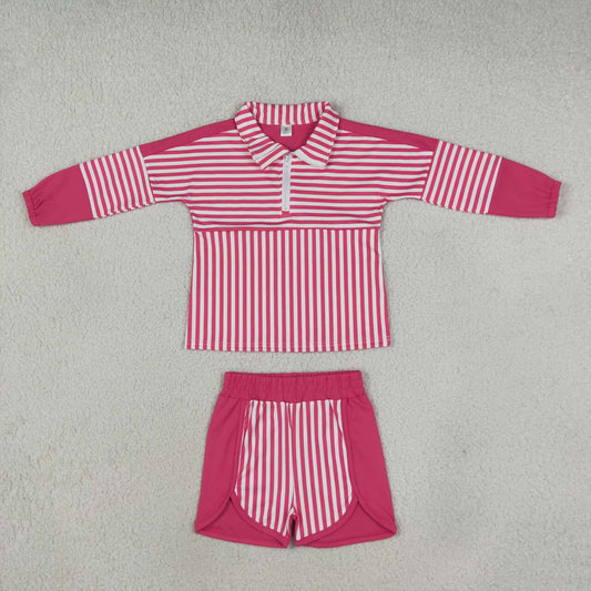 Sibling Kids Girls Striped Zipper Pullover Top Shorts Active Outfit