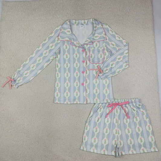 GLS0114 Tree Blue Long Sleeve Top Pockets Shorts Woman Christmas Buttons Pajamas Clothes Set
