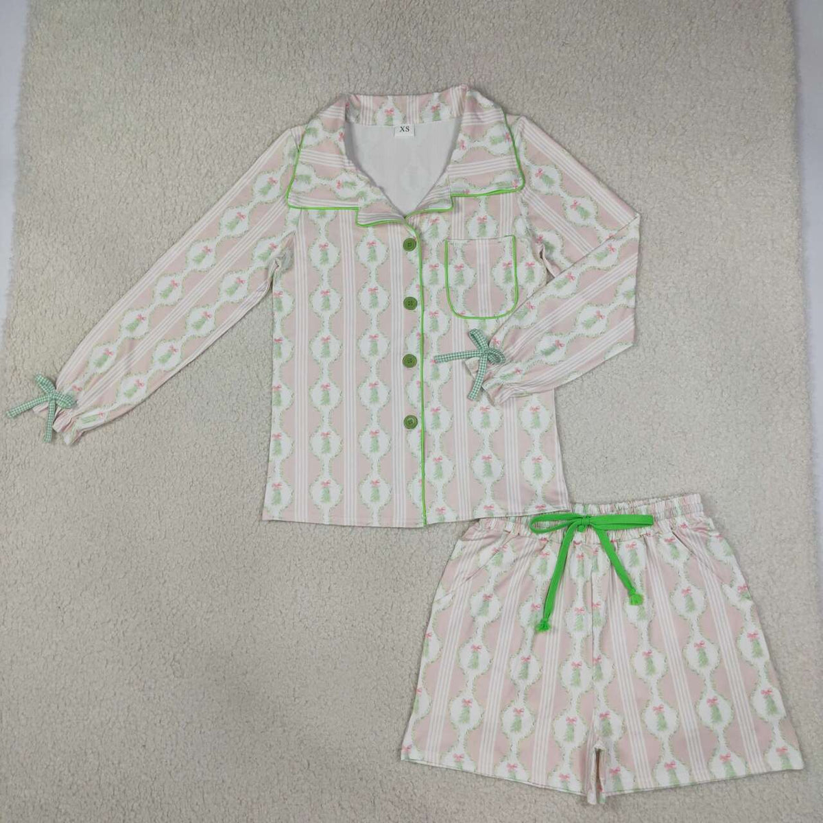 GLS0115 Tree Pink Long Sleeve Top Pockets Shorts Woman Christmas Buttons Pajamas Clothes Set
