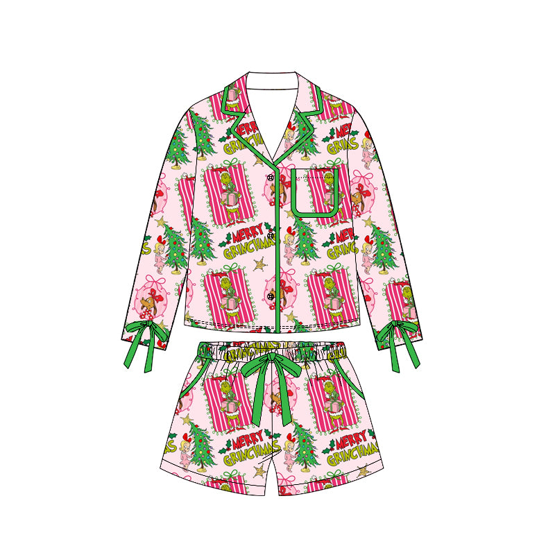 6.24 GLS0119 Preorder Green Frog Holly Long Sleeve Top Pockets Shorts Woman Christmas Pajamas Clothes Set