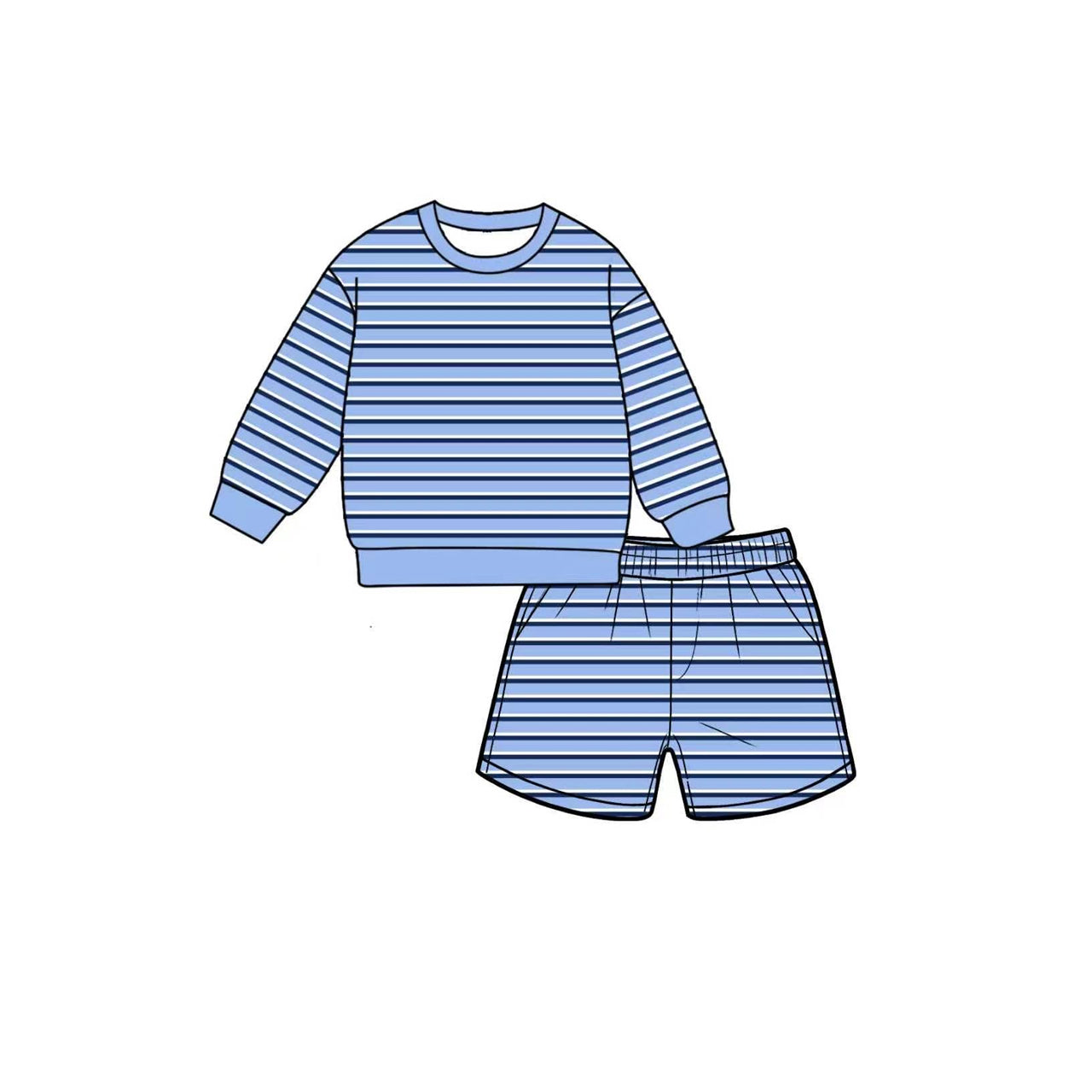 7.6 Preorder GLS0123 Kids Girls Blue Striped Long Sleeve Top with Shorts Outfit