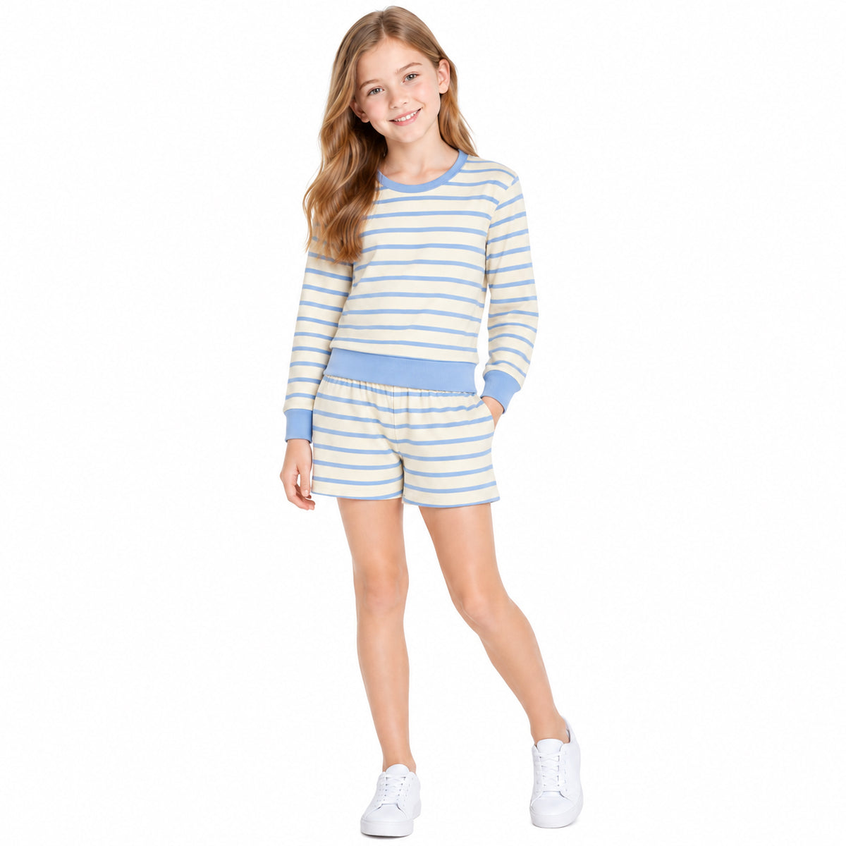 GLS0125 Blue Yellow Striped Girls Long Sleeve Top Pockets Shorts Yoga Outfits