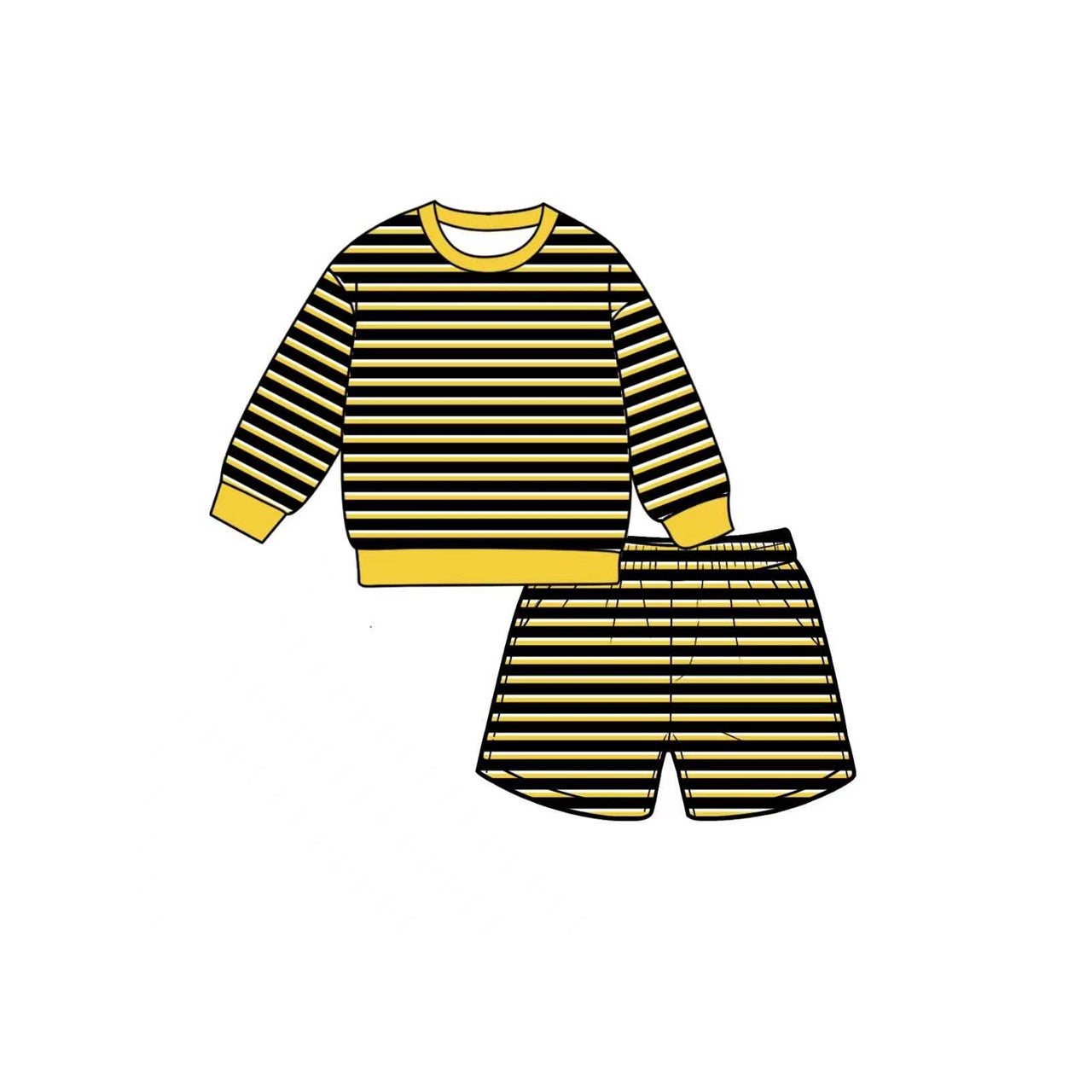 7.6 Preorder GLS0124 Kids Girls Yellow Black Striped Long Sleeve Top with Shorts Outfit