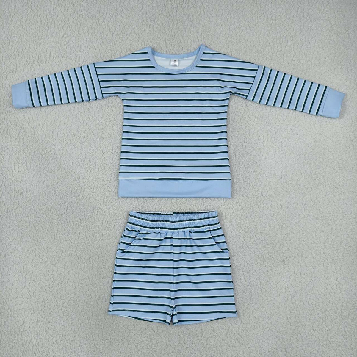 GLS0133 Navy Blue Striped Girls Long Sleeve Top Pockets Shorts Yoga Outfits