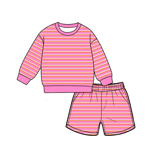 7.6 Preorder Adult Women Pink Striped Long Sleeve Top with Shorts Outfit
