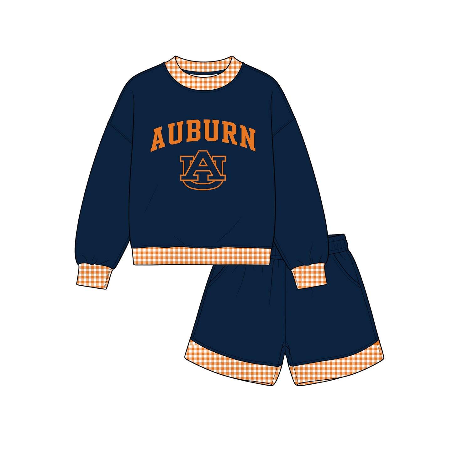 7.15 GLS0162 Kids Auburn Navy Orange Gingham Trim Sweatshirt & Pocket Shorts Sport Team Outfit Set