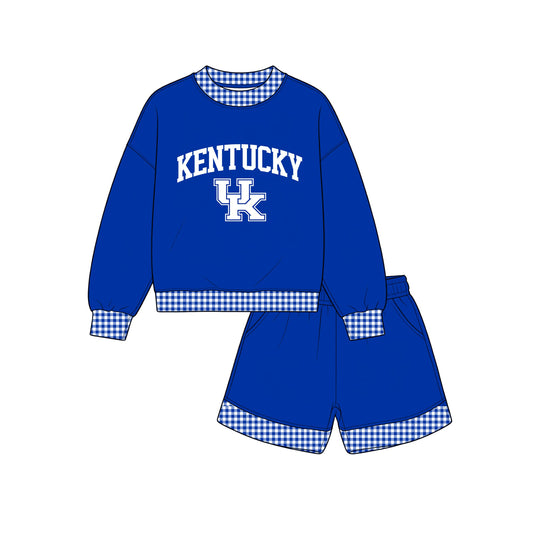 7.15 GLS0164 Kids Kentucky Blue Gingham Trim Sweatshirt & Pocket Shorts Sport Team Outfit Set
