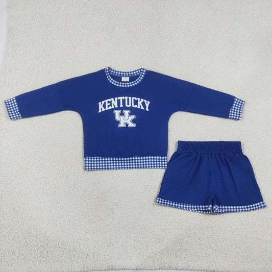 GLS0164 Teams Kentucky Vinyl Long Sleeve Top Pockets Shorts Girls Clothes Set