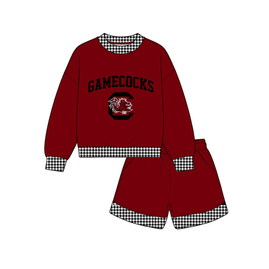 7.15 GLS0169 Kids Gamecocks Grey Gingham Trim Sweatshirt & Pocket Shorts Sport Team Outfit Set