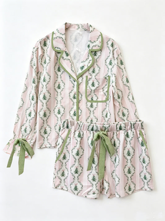 7.16 GLS0171 Preorder Christmas Tree Pink Long Sleeve Top Pockets Shorts Girls Pajamas Clothes Set