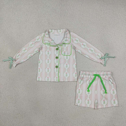 GLS0171 Tree Pink Long Sleeve Top Pockets Shorts Girls Christmas Buttons Pajamas Clothes Set