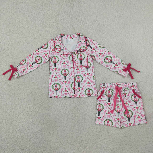 GLS0173 Soldier Holly Bows Pink Long Sleeve Top Pockets Shorts Girls Pajamas Clothes Set