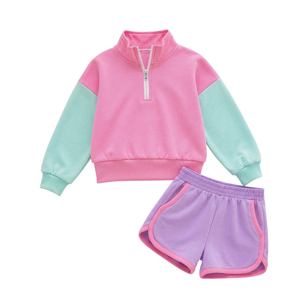 8.1 Preorder Kids Girls ink Mint Color Block Half Zip Pullover Top With Purple Shorts Outfit