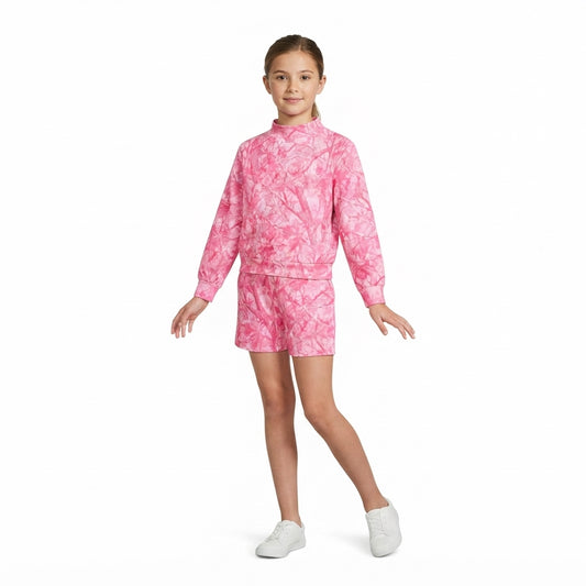 GLS0196 Pink Branch Print Mock Neck Top Pockets Shorts Girls Clothes Set