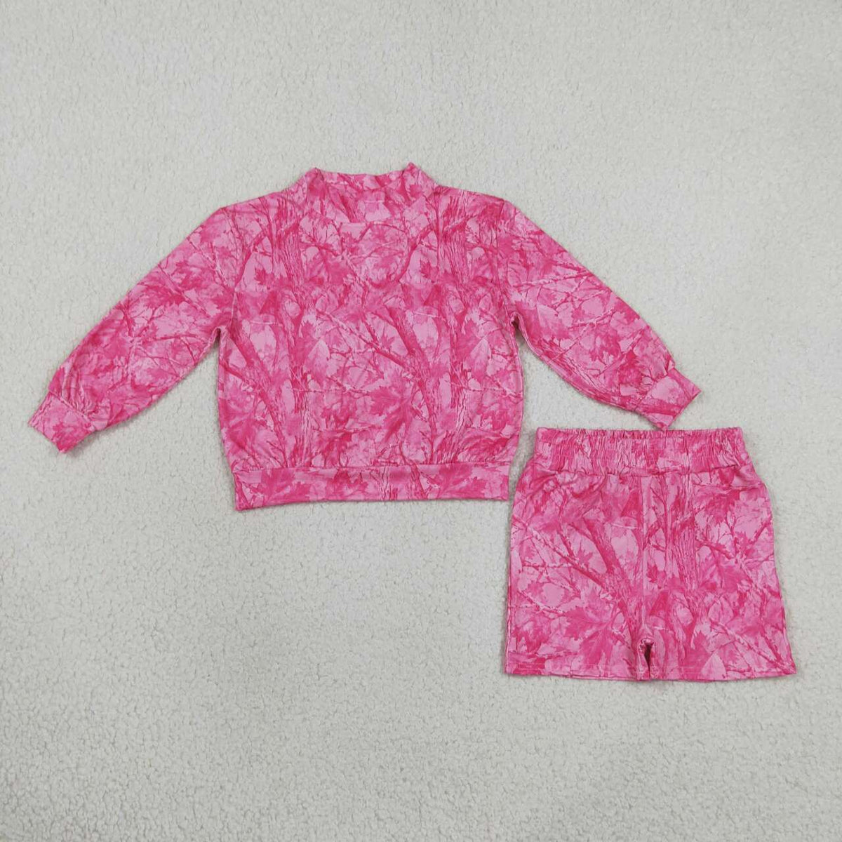 GLS0196 Pink Branch Print Mock Neck Top Pockets Shorts Girls Clothes Set