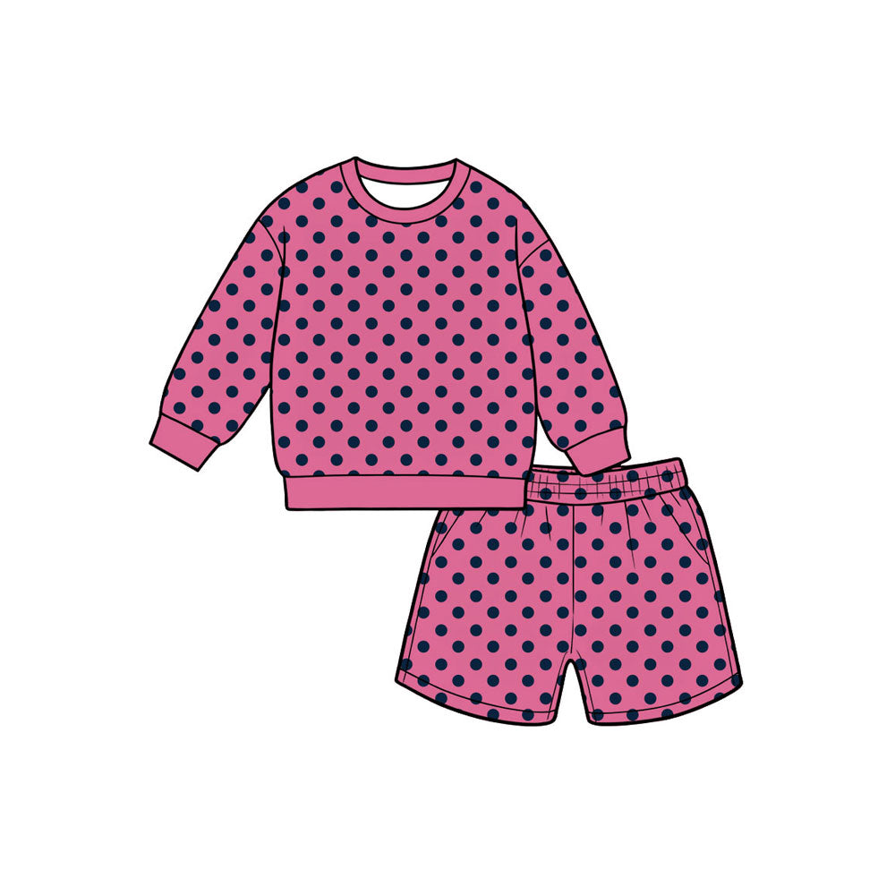 8.8 Preorder Girls Pink Navy Polka Dot Long Sleeve Top+Shorts Outfit