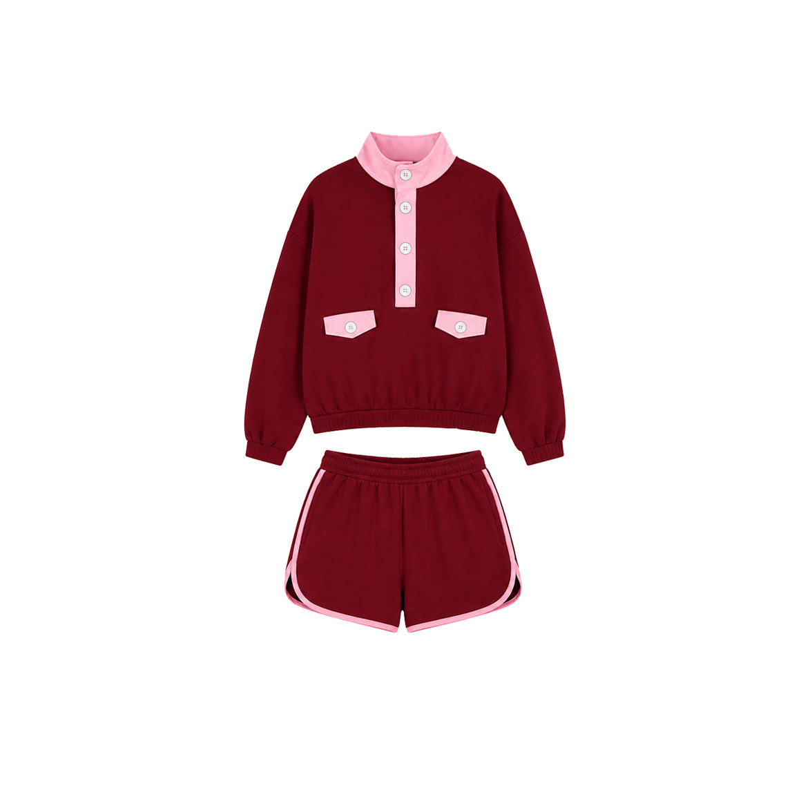 8.10 Preorder Kids Girls Burgundy Pink Color Block Sweatshirt Shorts Set