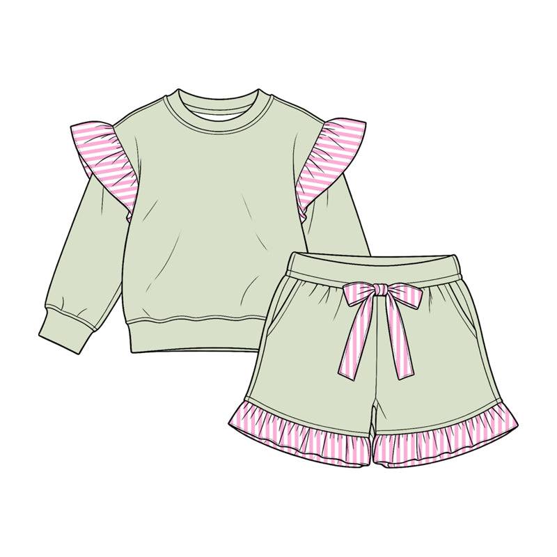 8.14 GLP3697 Preorder Kids Girls Light Green Flutter Sleeve Top with Ruffle Shorts Outfit