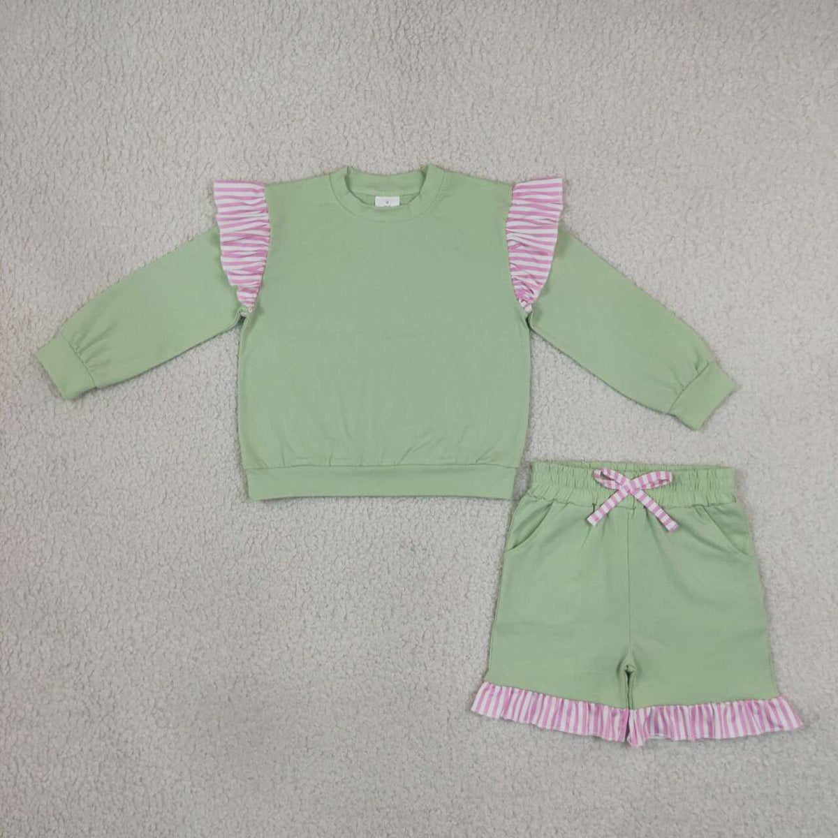 GLS0220 Girls Light Green Flutter Sleeve Top with Ruffle Shorts Outfit