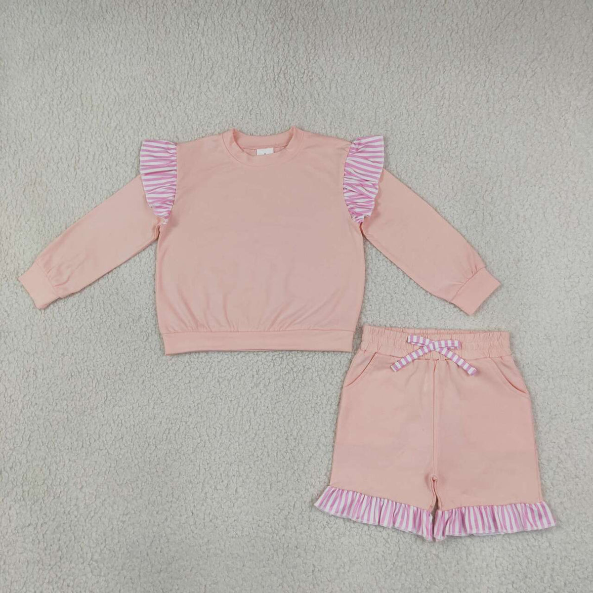 GLS0222 Girls Pink Flutter Sleeve Top with Ruffle Shorts Outfit