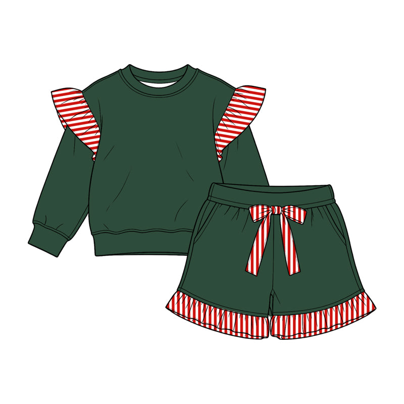 8.15 GLP3702 Preorder Kids Girls Christmas Green Red Striped Flutter Sleeve Top with Ruffle Shorts Outfit