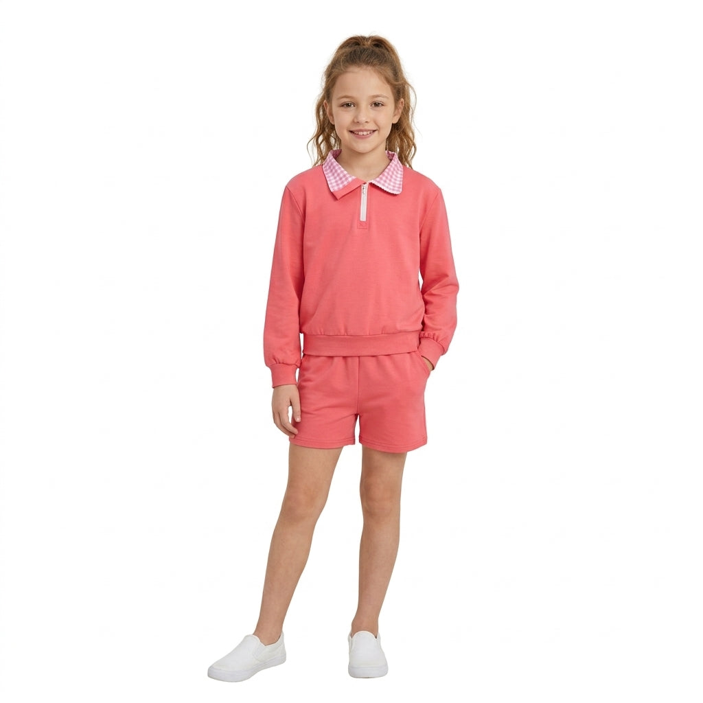 GLS0225 Hot Pink Cotton Half‑Zip Pullover Top Pockets Shorts Girls Clothes Set
